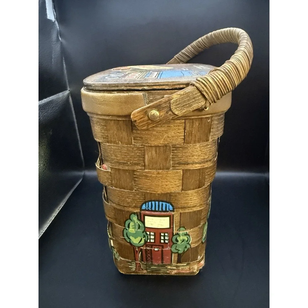 Vintage Smart Set Phenix Woven‎ Basket Purse Handbag Painted Houses 1960s